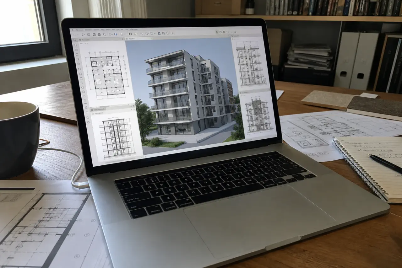 MacBook Pro sobre un escritorio con el modelo BIM de un edificio abierto en Archicad