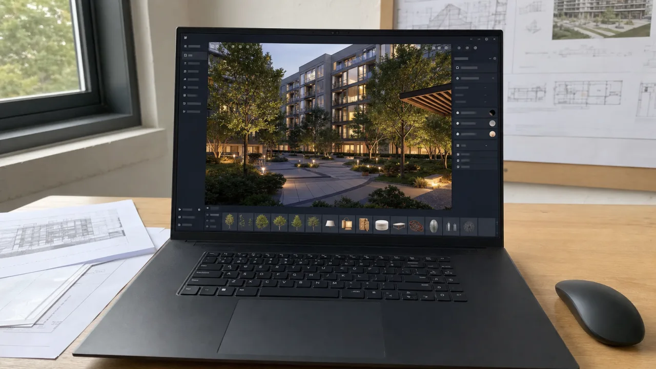 Portátil con Windows y D5 Render mostrando un patio residencial con vegetación en tiempo real