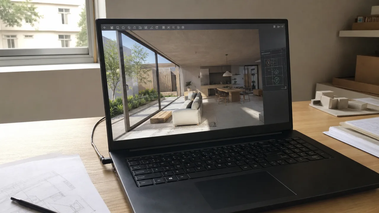 Portátil con Windows y Enscape mostrando la visualización en tiempo real de un interior con patio