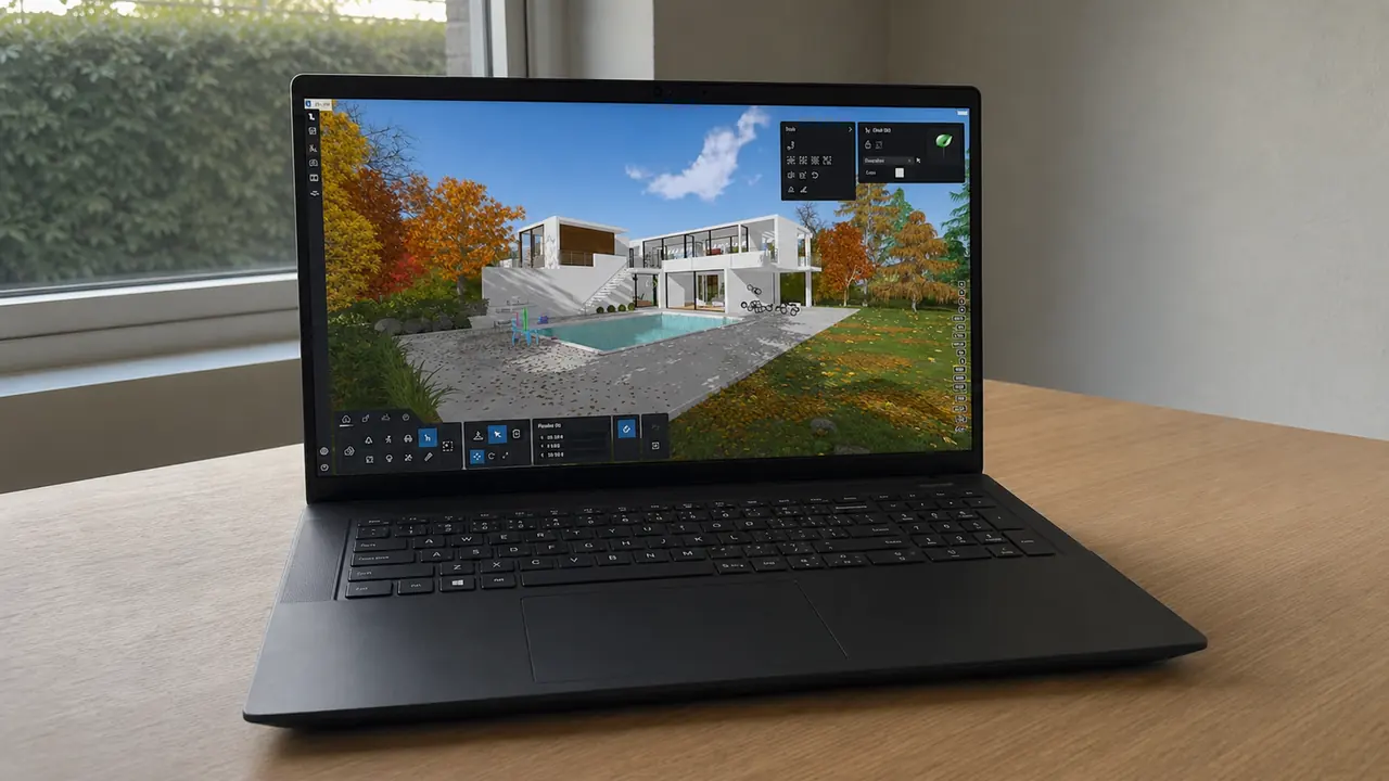 Portátil con Windows y Lumion mostrando el renderizado de una casa con jardín