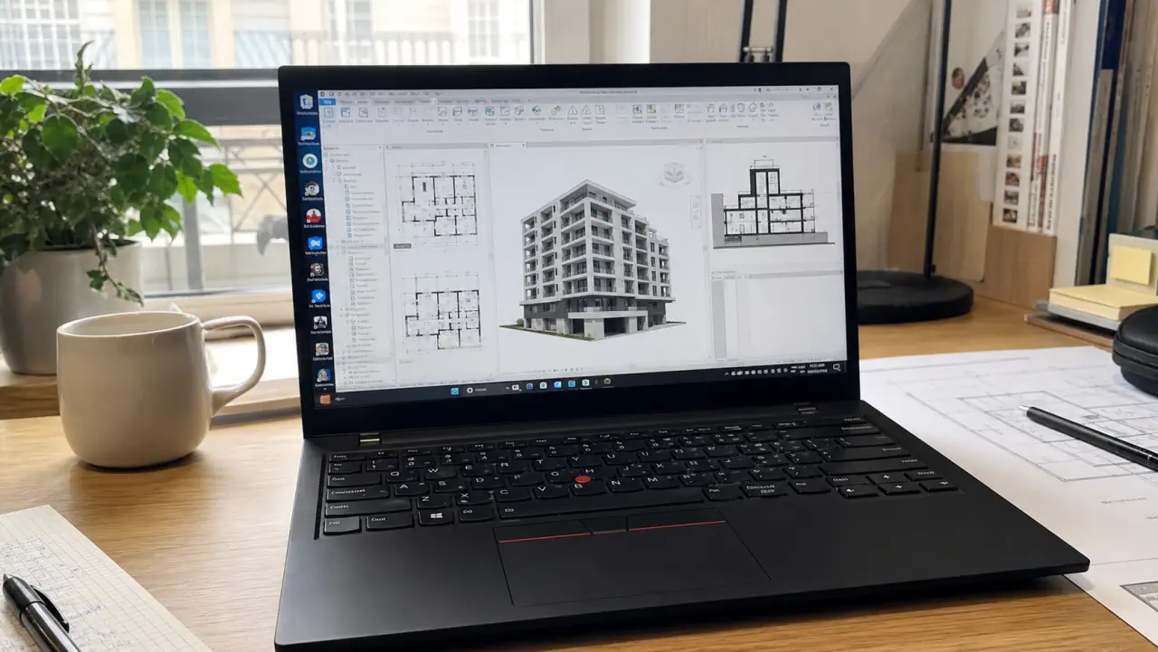 Portátil con Windows sobre un escritorio, con un modelo BIM abierto en Revit
