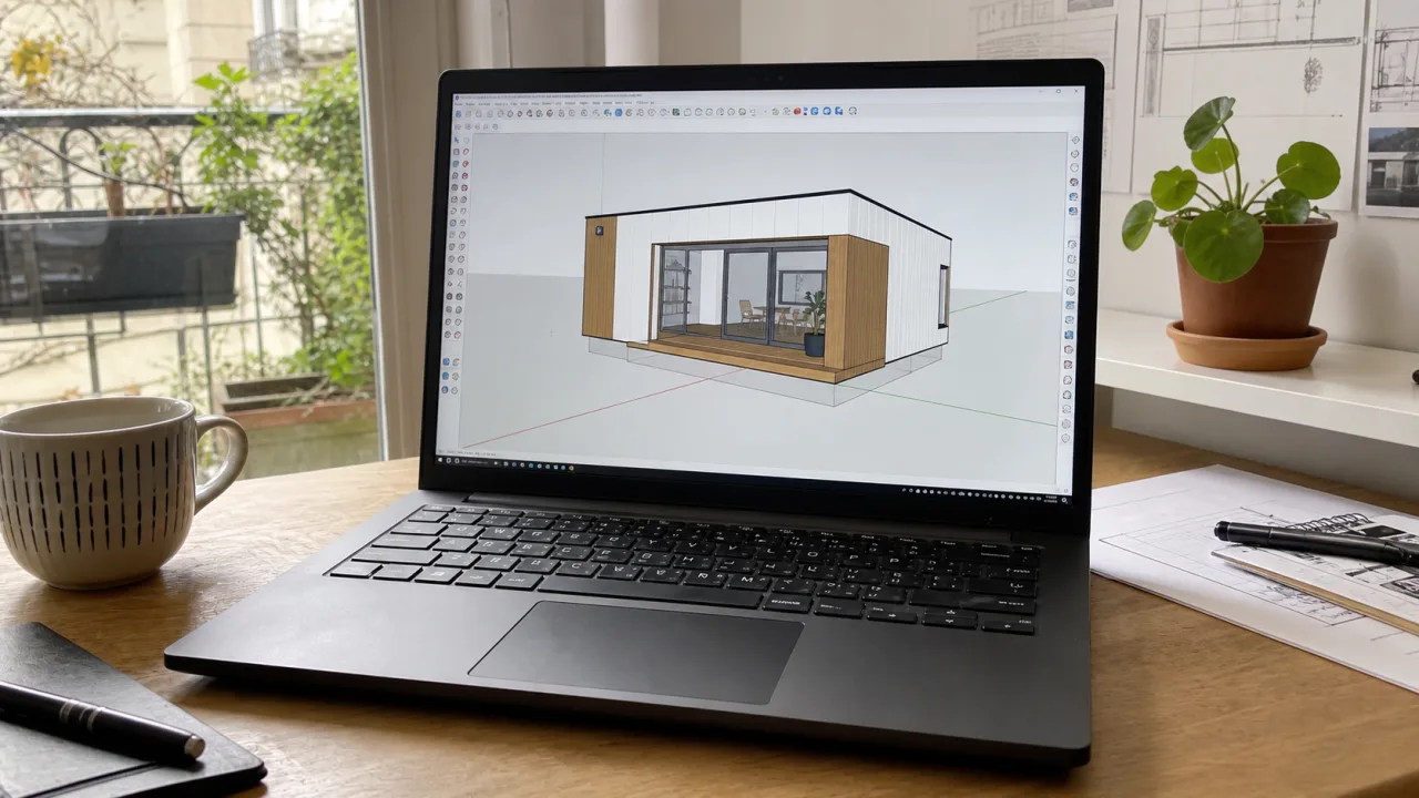 Portátil sobre un escritorio con un modelo 3D de una casa abierto en SketchUp
